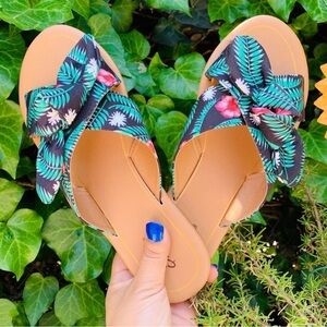 Qupid Womens Tropical Sandals Palm Leaf‎ Floral Bow Slide Black Green Pink